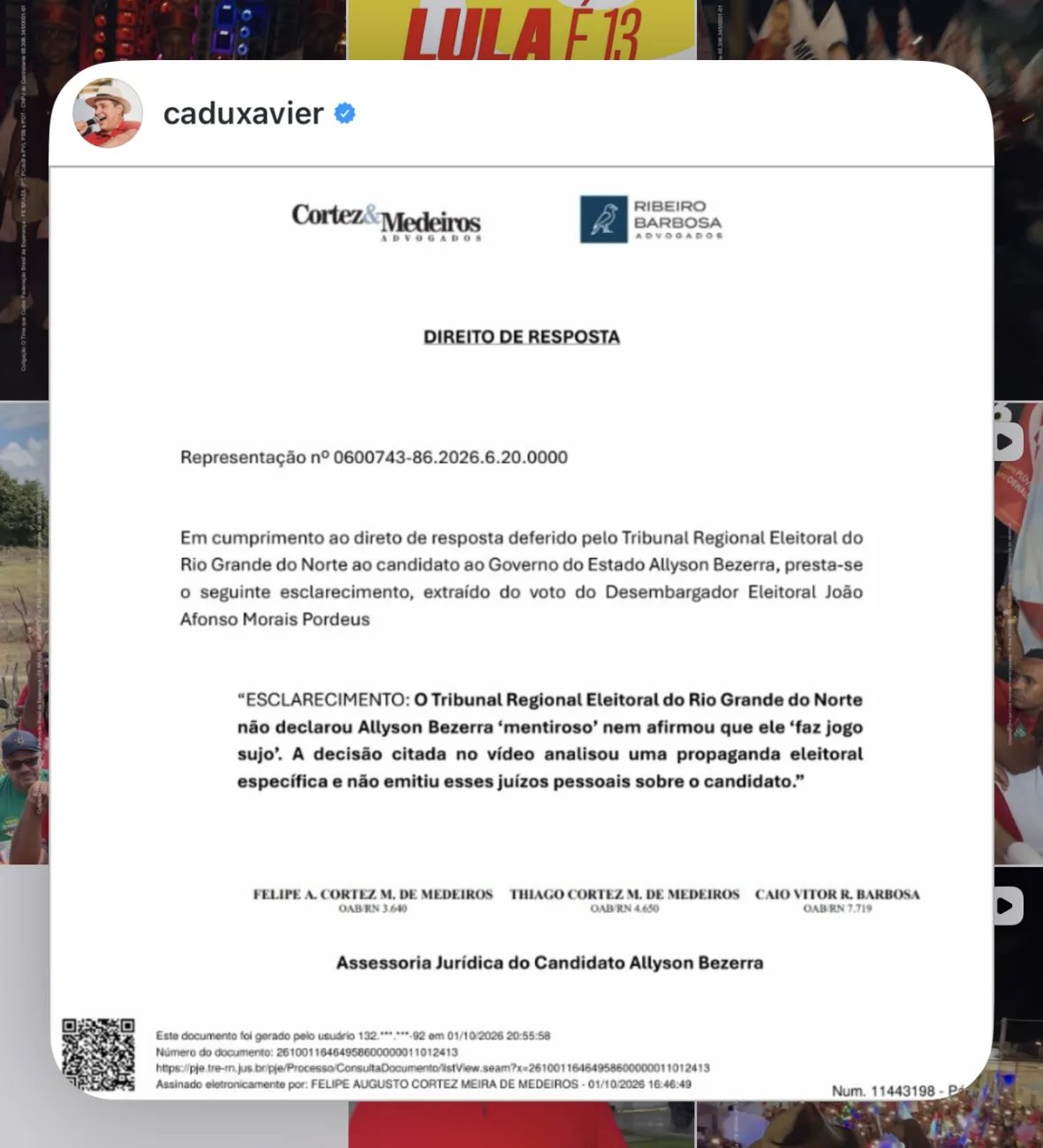 TRE manda Cadu manter resposta de Allyson no Instagram e aplica multa de R$ 5 mil