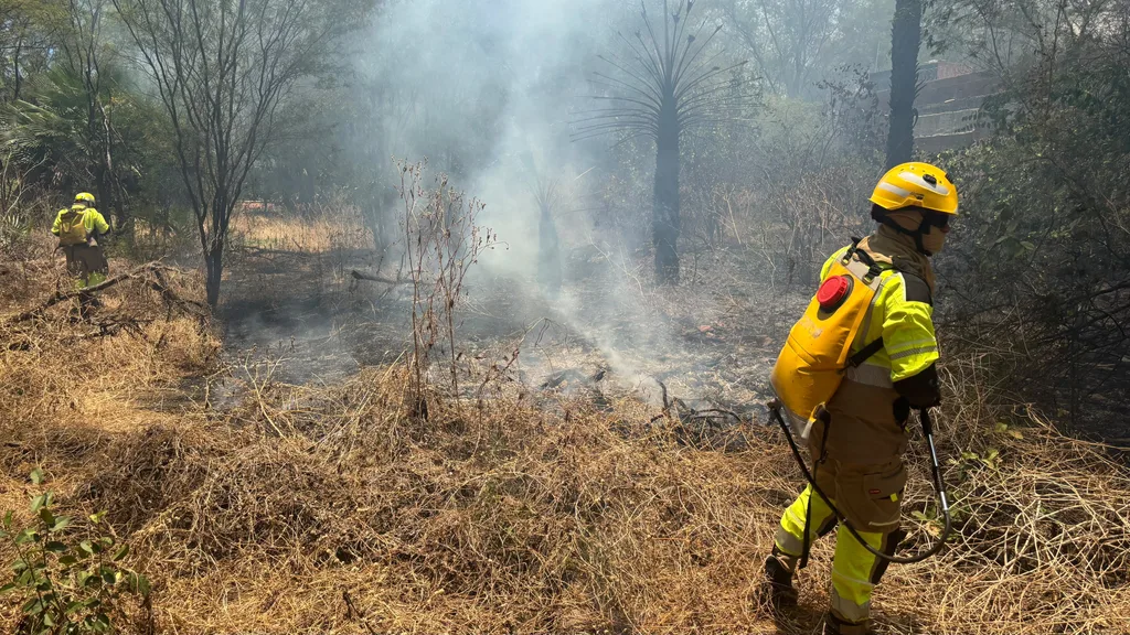 Fumaça e chamas em área de vegetação seca na serra do Monte do Galo, em Carnaúba dos Dantas