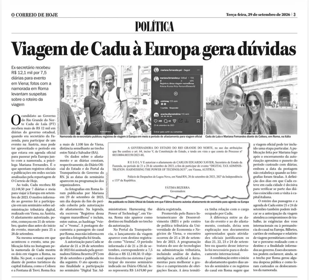 Cadu vira alvo de denúncia por diárias oficiais usadas em viagem à Europa